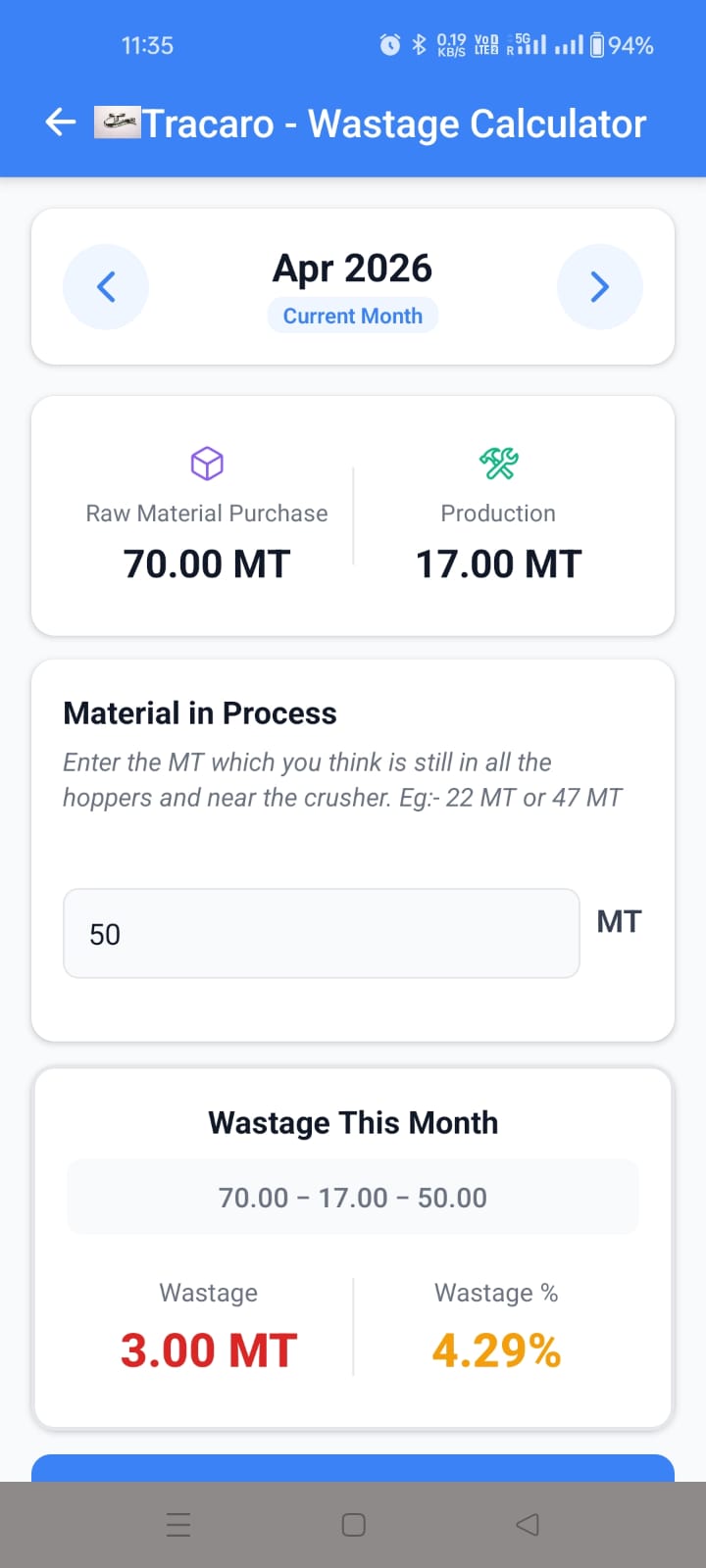 Owner Panel wastage calculator screenshot